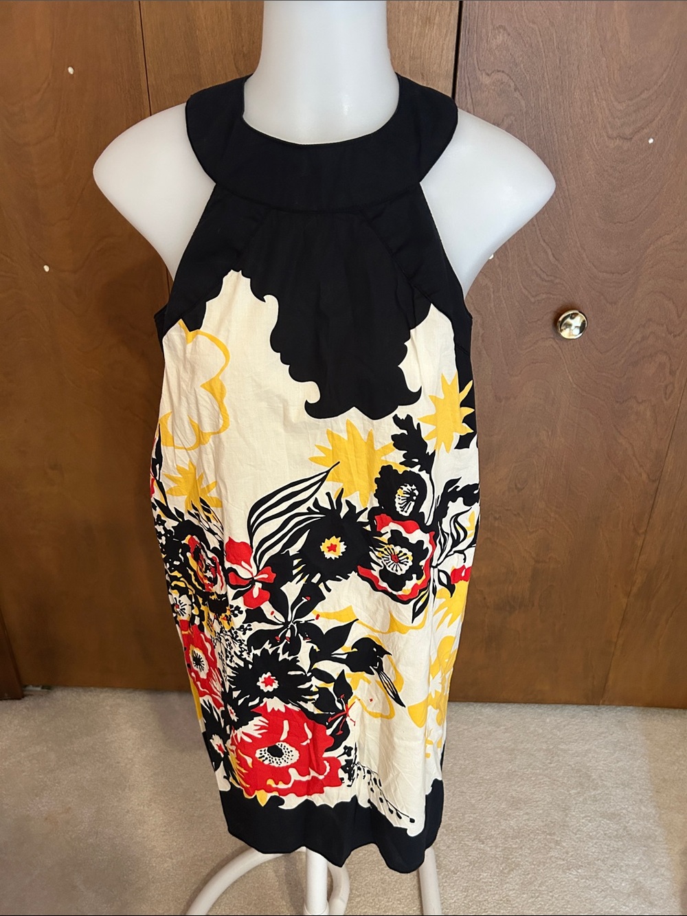 Floral Halter Shift Dress in Black, Red & Yellow
